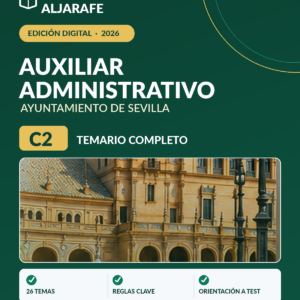 Portada del temario digital 2026, Auxiliar Administrativo Ayuntamiento Sevilla C2, 26 temas, Centro de Formación Aljarafe