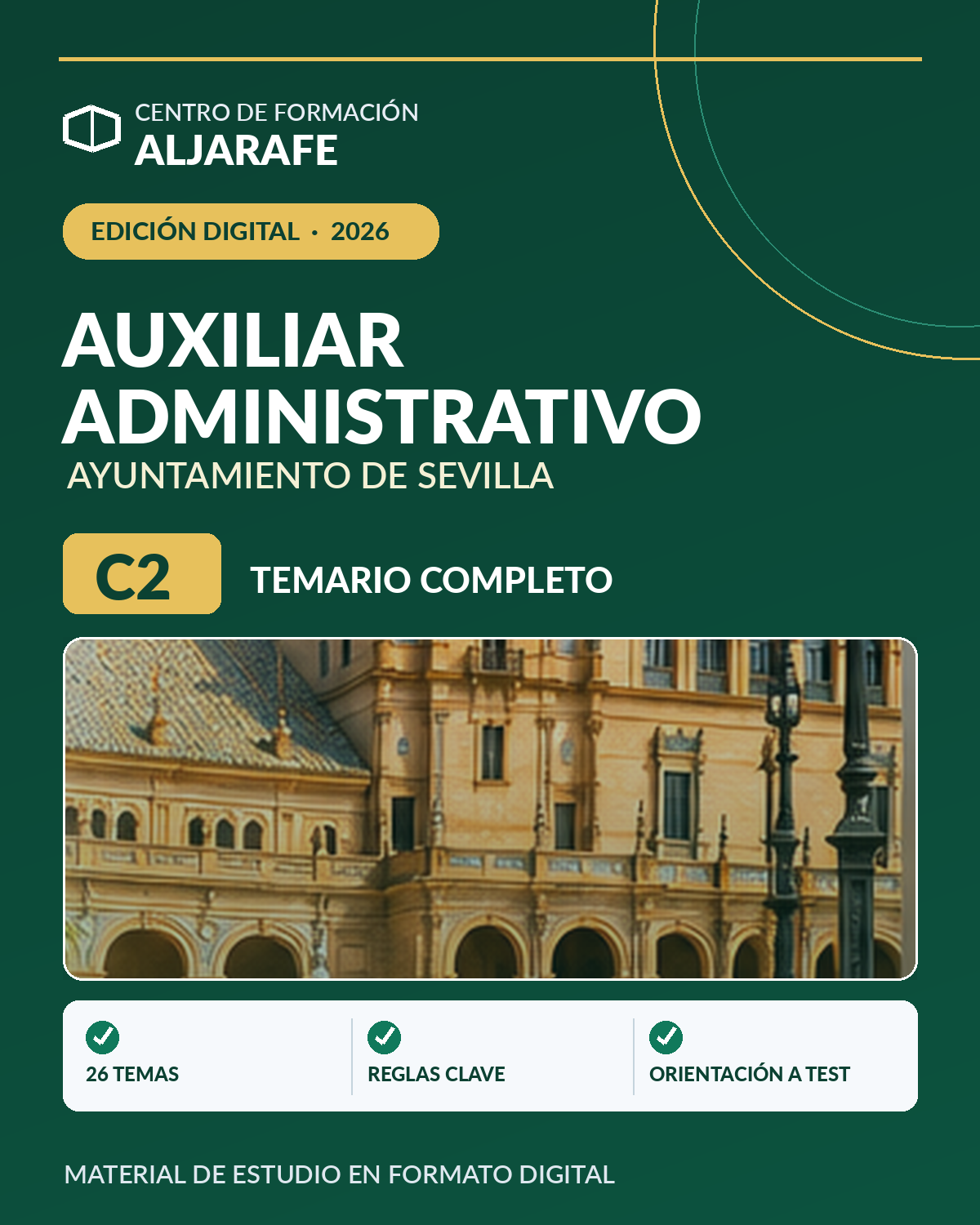 Portada del temario digital 2026, Auxiliar Administrativo Ayuntamiento Sevilla C2, 26 temas, Centro de Formación Aljarafe